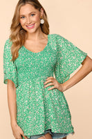 PLUS FLORAL SMOCKED FLUTTER TOP