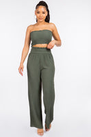 SMOCKED TUBE TOP AND WIDE LEG PANTS SET