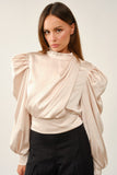 Elegant Draped Satin Puff-sleeve Blouse
