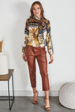 Floral Damask Print Neck Tie Satin Blouse