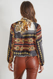 Floral Damask Print Neck Tie Satin Blouse