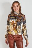 Floral Damask Print Neck Tie Satin Blouse