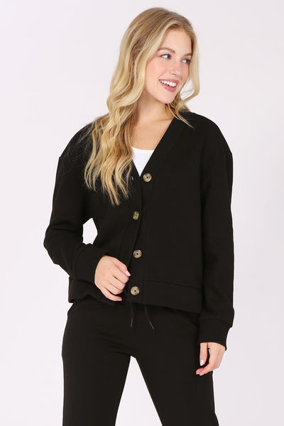 V Neck Button Front Fleece Cardigan