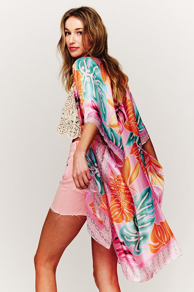 Leaf Printed Silky Kimono