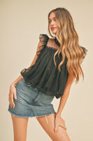 Mesh Ruffled Flutter Sleeve Top