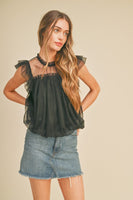 Mesh Ruffled Flutter Sleeve Top