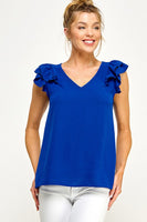V Neck Ruffled Sleeve Woven Solid Top