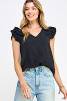 V Neck Ruffled Sleeve Woven Solid Top