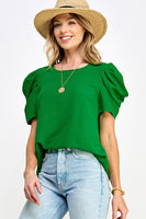 Pleated Puff Sleeve Woven Solid Top