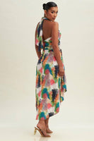 TROPICAL WRAP HALTER DRESS