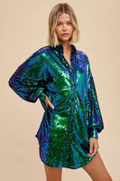Wow Emerald Sequin Shirt Dress