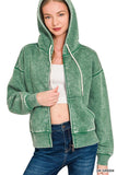Acid Wash Fleece Cropped Zip-up Hoodie W Pockets