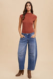 Stretch Mid Rise Loose Fit Barrel Leg Jeans