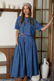 Pleated high waist denim skirt