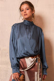 Satin High-neck Draped Wrap Blouse