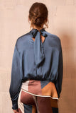 Satin High-neck Draped Wrap Blouse