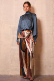 Satin High-neck Draped Wrap Blouse