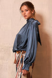 Satin High-neck Draped Wrap Blouse