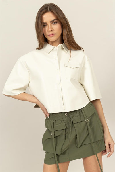 Faux Leather Button-down Cropped Shirt