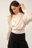 Elegant Draped Satin Puff-sleeve Blouse