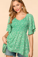 PLUS FLORAL SMOCKED FLUTTER TOP