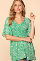 PLUS FLORAL SMOCKED FLUTTER TOP