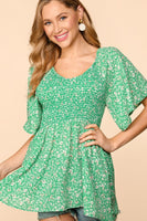 PLUS FLORAL SMOCKED FLUTTER TOP