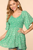 PLUS FLORAL SMOCKED FLUTTER TOP