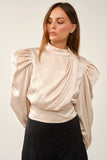 Elegant Draped Satin Puff-sleeve Blouse