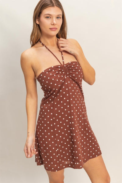 Ruched Halter Polka Dot Mini Dress Millie and Joy Ruched Halter Polka Dot Mini Dress Millie and Joy