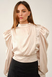 Elegant Draped Satin Puff-sleeve Blouse