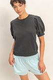 Puff Sleeve V-stitch Crew Neck Top