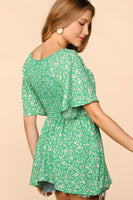 PLUS FLORAL SMOCKED FLUTTER TOP