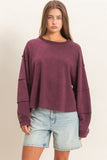 Mineral Wash Oversized Raw Edge Crew Neck Top
