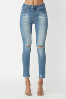 High rise distressed knee jeans