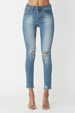 High rise distressed knee jeans