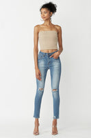 High rise distressed knee jeans