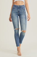 High rise distressed knee jeans