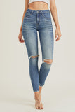High rise distressed knee jeans