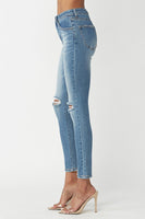 High rise distressed knee jeans