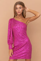Fuchsia One Shoulder Sequin Dress