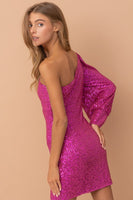 Fuchsia One Shoulder Sequin Dress