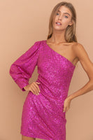 Fuchsia One Shoulder Sequin Dress